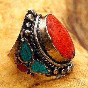 Vintage Tibetan Silver Nepalese Coral & Turquoise Long Saddle Ring 9.25 to 9.5